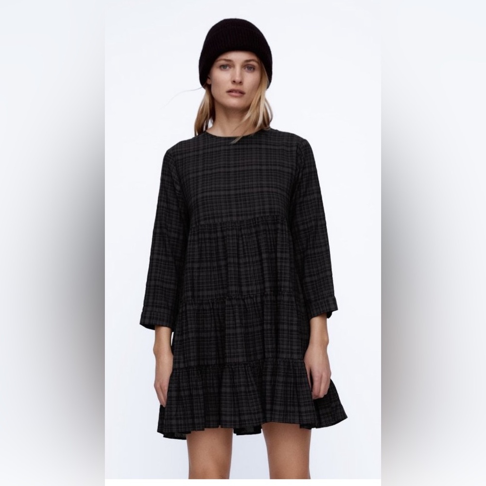 Zara plaid tiered long sleeve baby doll dress size xs